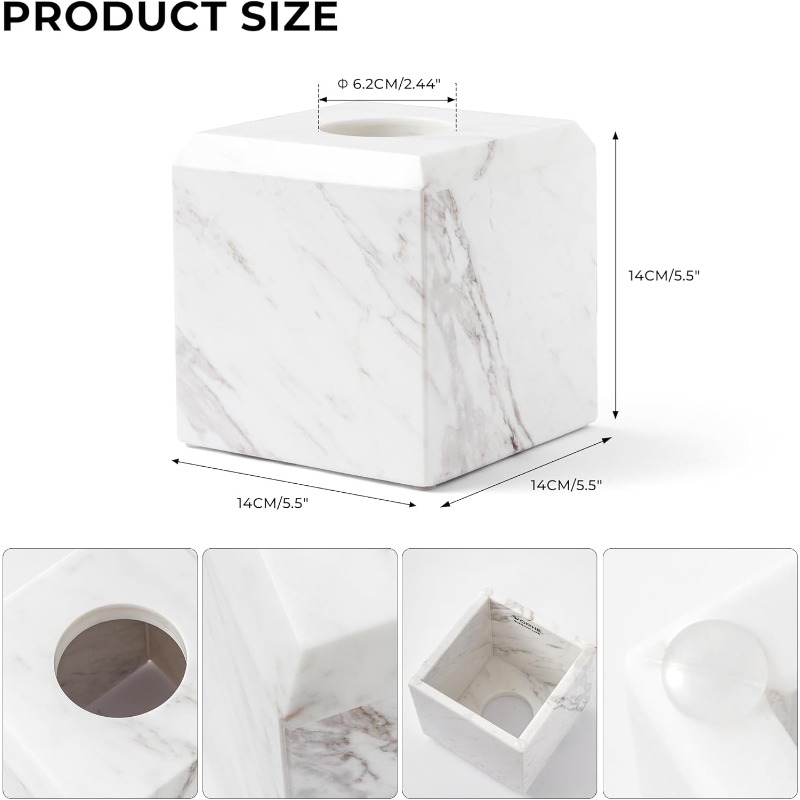 1pc extra heavy-duty natural marble tissue box cover & toilet paper holder - marble- , -slip base, fits square boxes, marble texture - marble countertop decor for bathroom, living room, office - ideal gift for elderly & low-    - fits 5.5” tissues (compatible with single/  boxes) - marble material, one-hand access, -slip pads, easy refill slot, tissue holder bathroom Product details 2