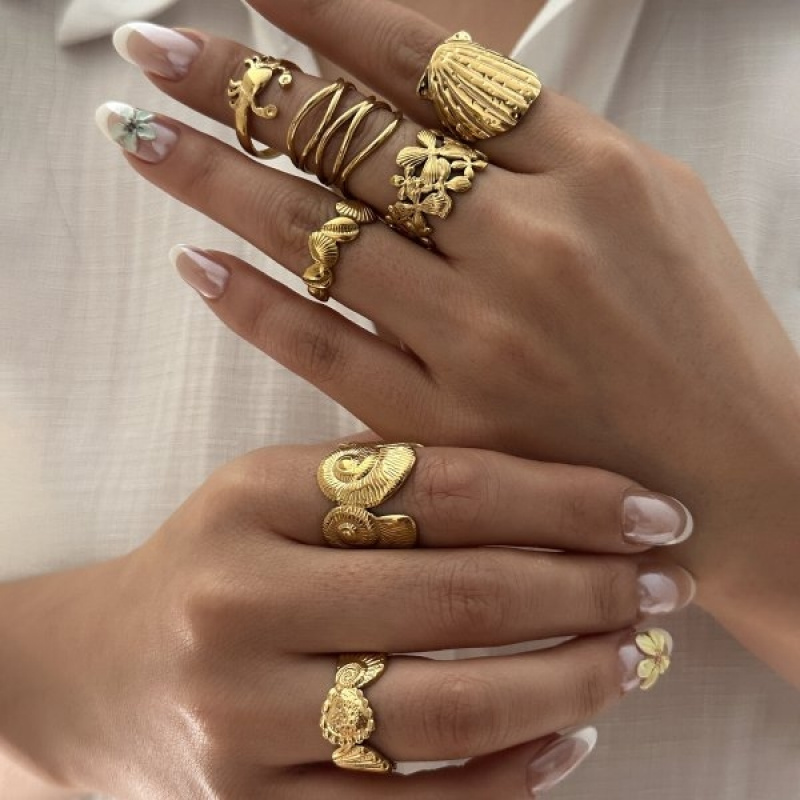 TEMU Parure de 7 bagues dorées sur le thème de l'océan, , fleur et artificiel, bagues empilables de style vacances bohème pour femme
