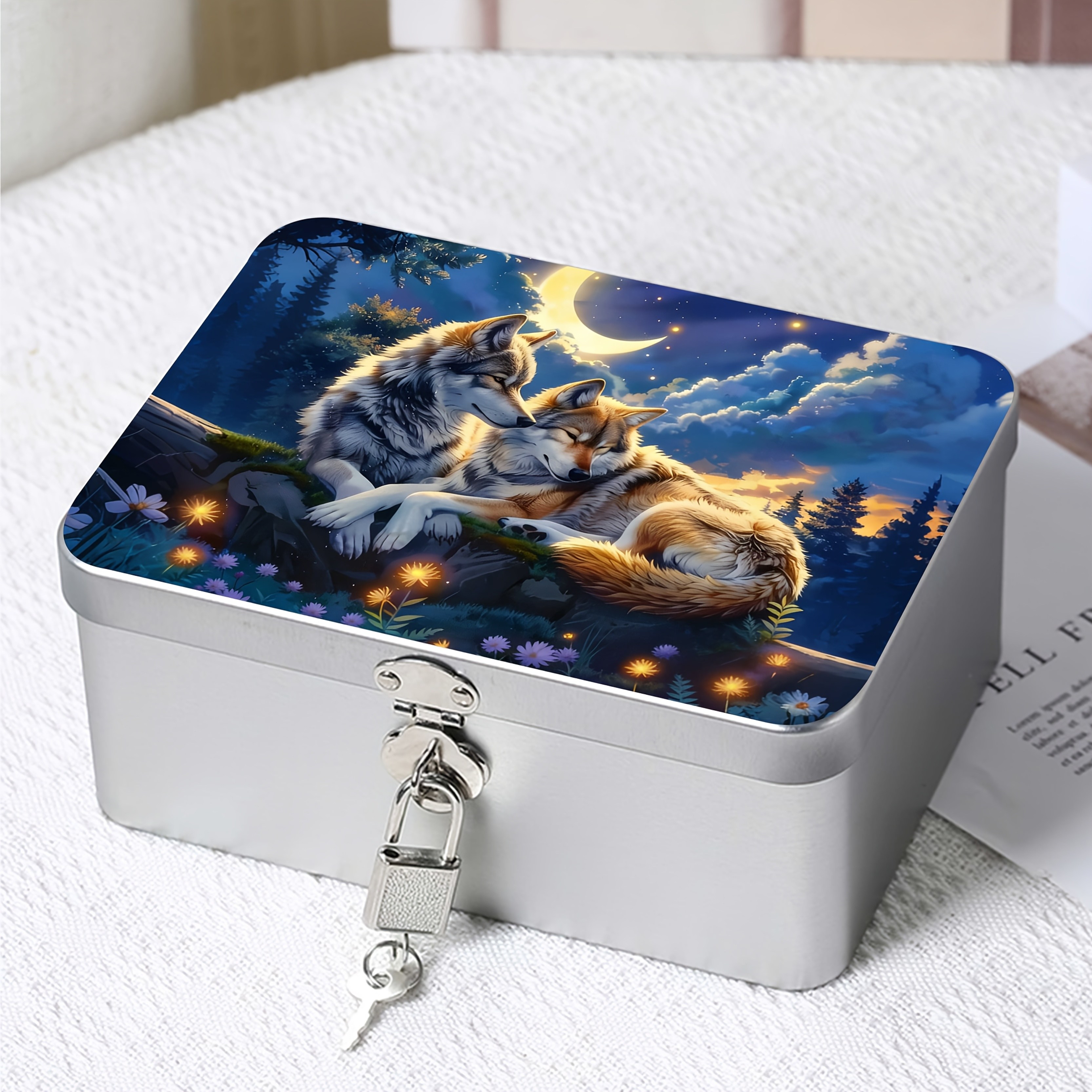 TEMU 1pc Retro Painting Kit Metal Storage Box With Lock Chain - Wolf Tribe In Fluorescent Light, Round And Irregular Shape Diamonds, Perfect For