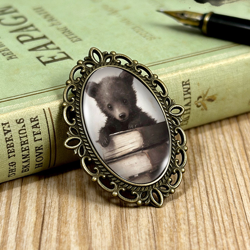 TEMU 1pc Little Black Bear On Books Brooch Oval Lace- Glass Brooches Clothing Backpack Accessory Ideal Gift