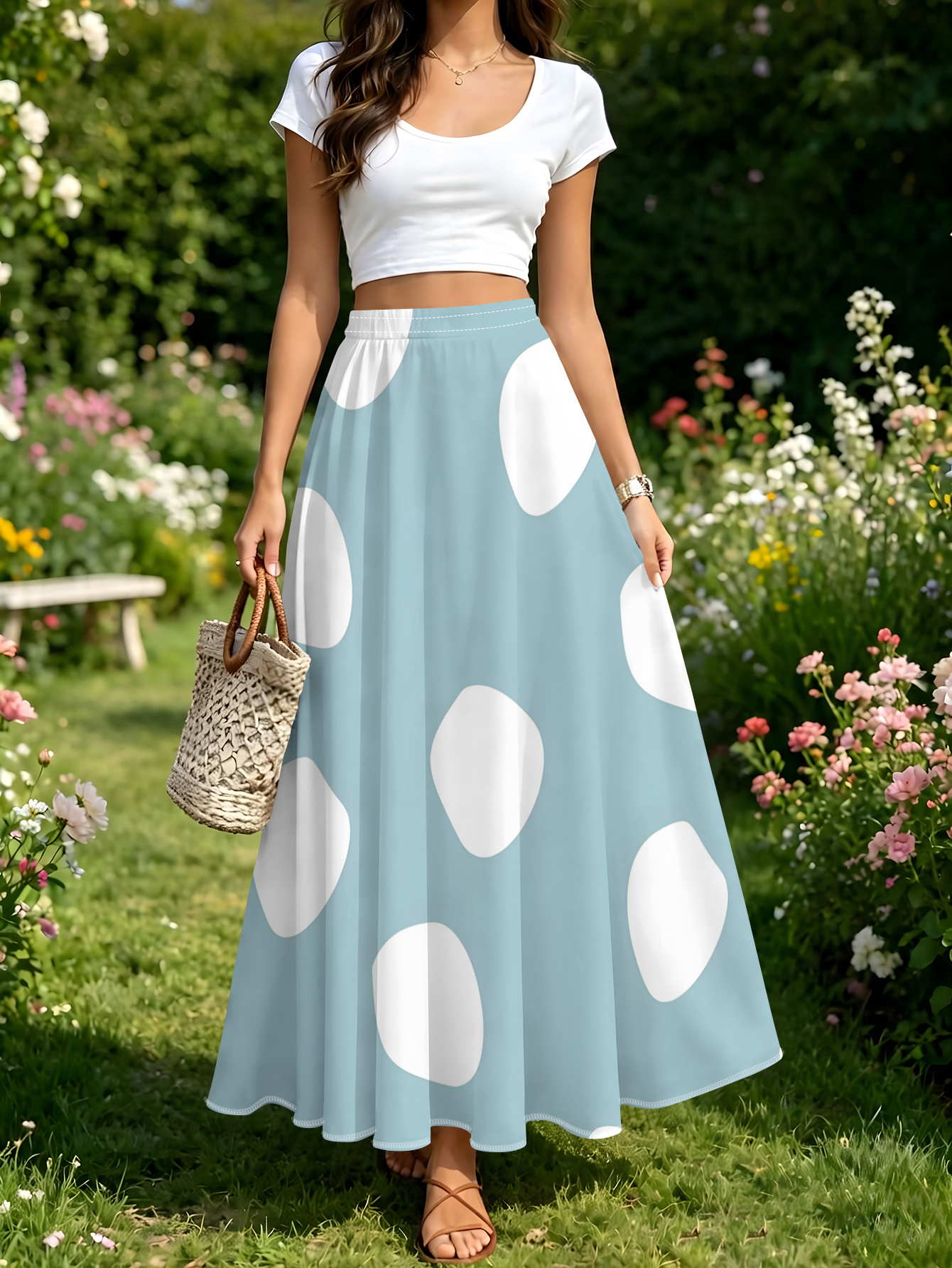   with white polka dots elastic waist flared chiffon maxi skirt summer casual  