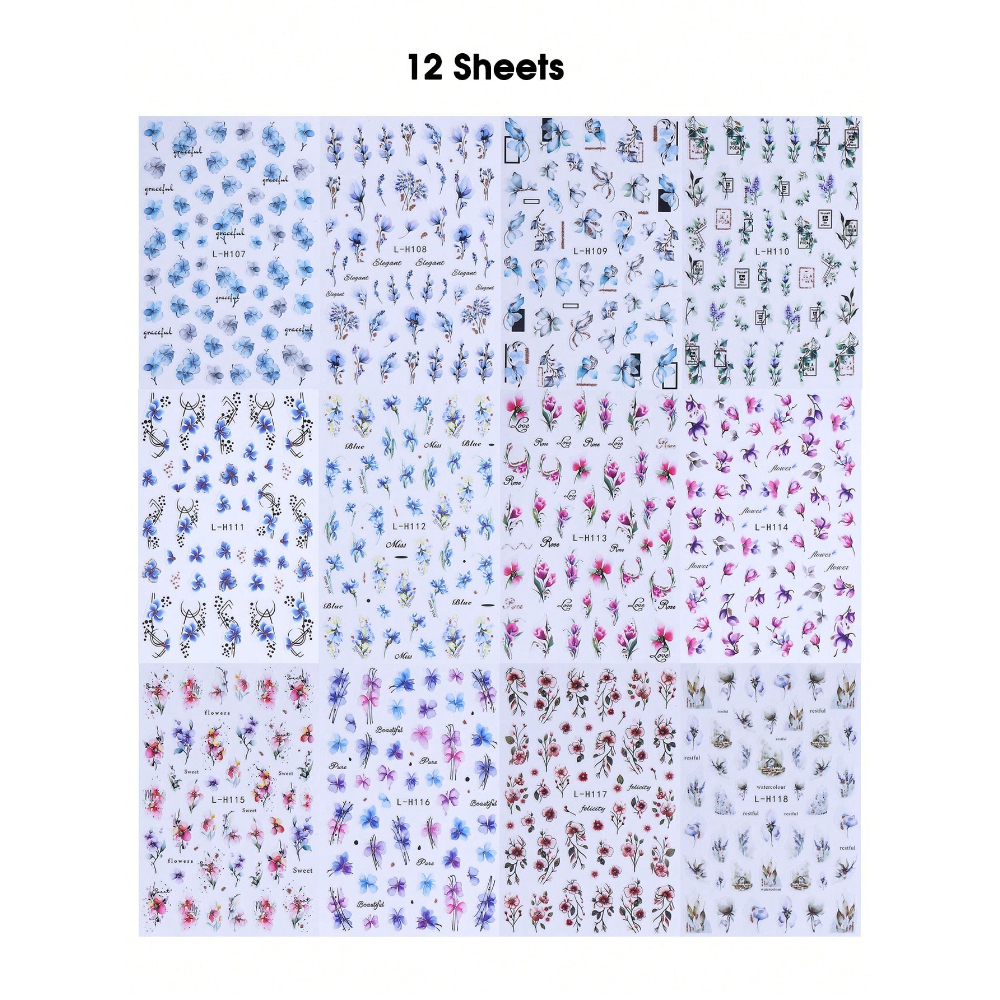Image of 12pcs Watercolor Flower Nail Art Stickers, Self-adhesive Nail Decals With Colorful Ink Floral Patterns, Nail Art Decorations For Women