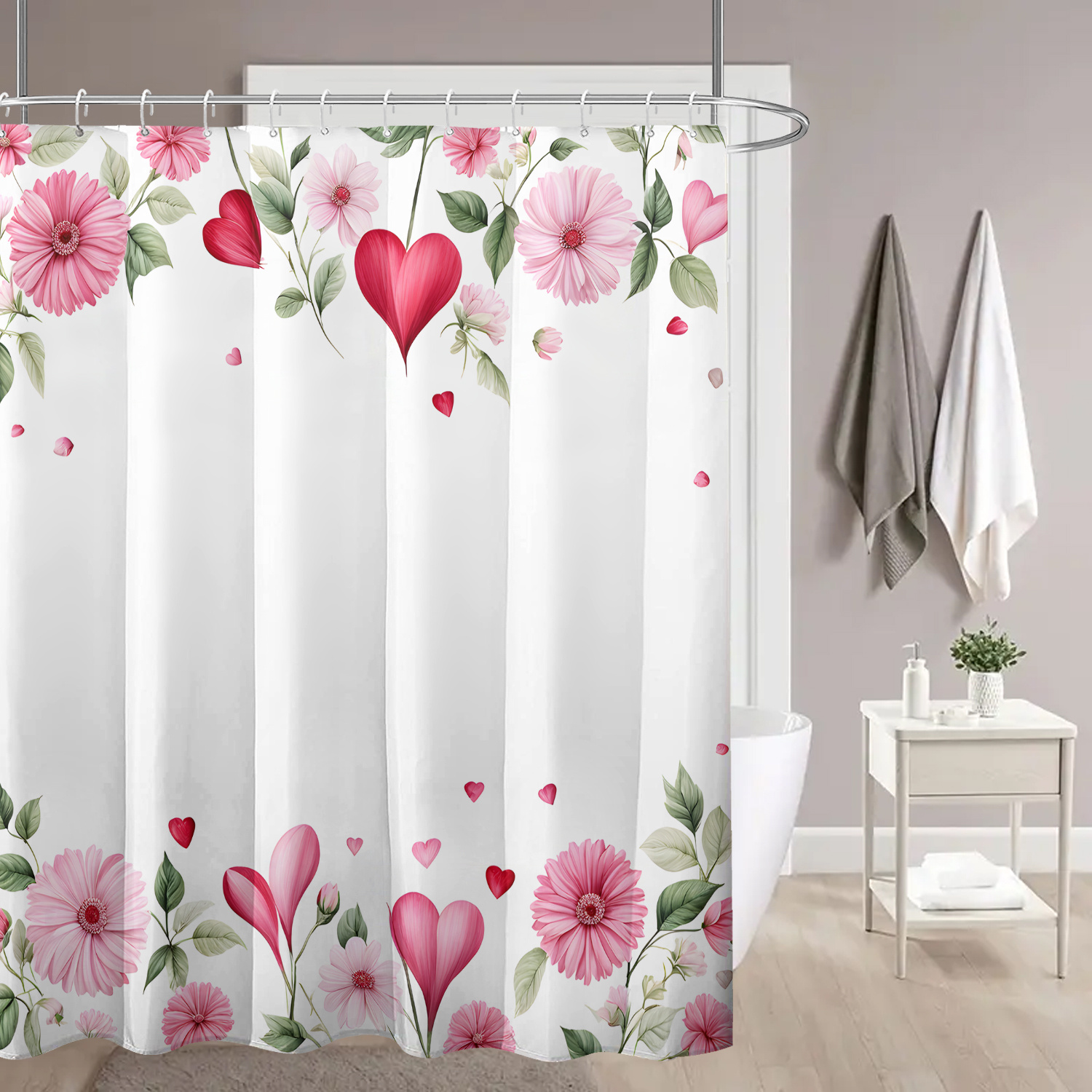 

1pc Valentine's Day Heart & Floral Shower Curtain - Waterproof Polyester With Hooks, & Design, 71x71 Inches, Bathroom Decor For Windows And Walls, Vintage Bathroom Decor