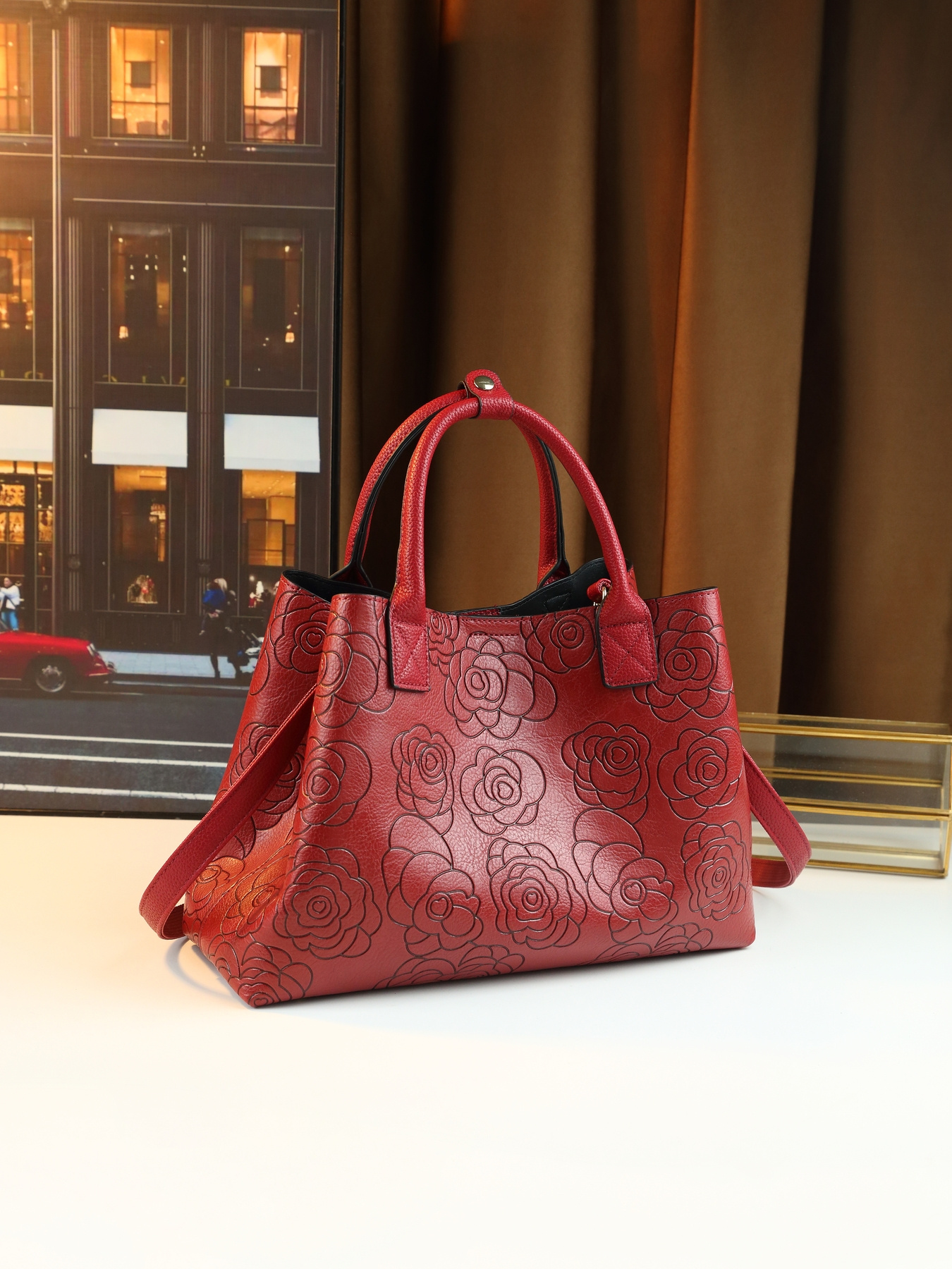 Red Embossed Tote Handbag on model