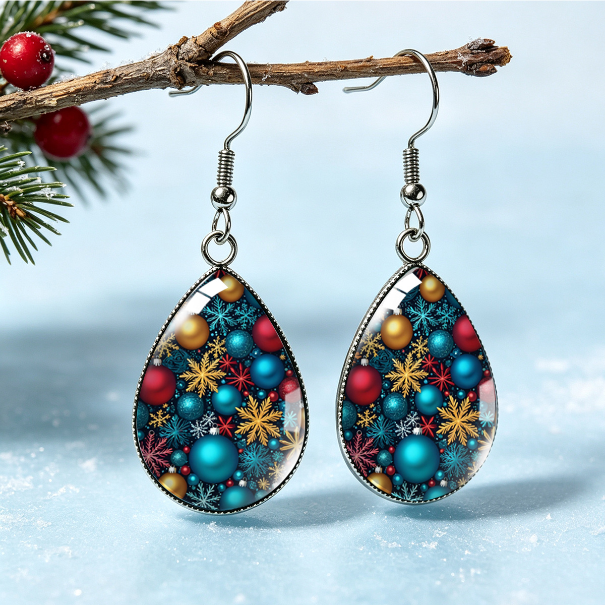TEMU Paire de boucles d'oreilles pendantes de en acier inoxydable, motif de boule de Noël colorée et de de neige, magnifiques boucles d'oreilles