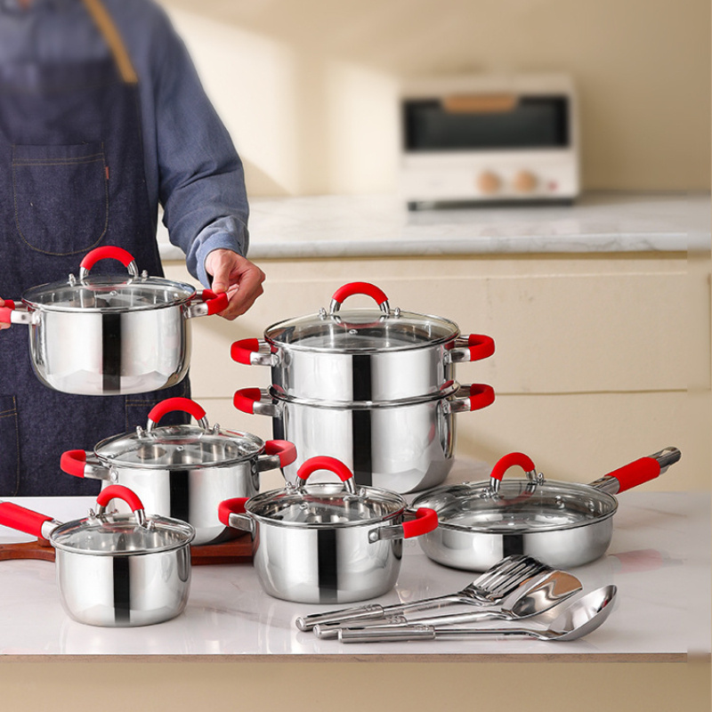 16pcs stainless steel pot set complete combination with silicone handle increased capacity multi purpose universal stove details 0