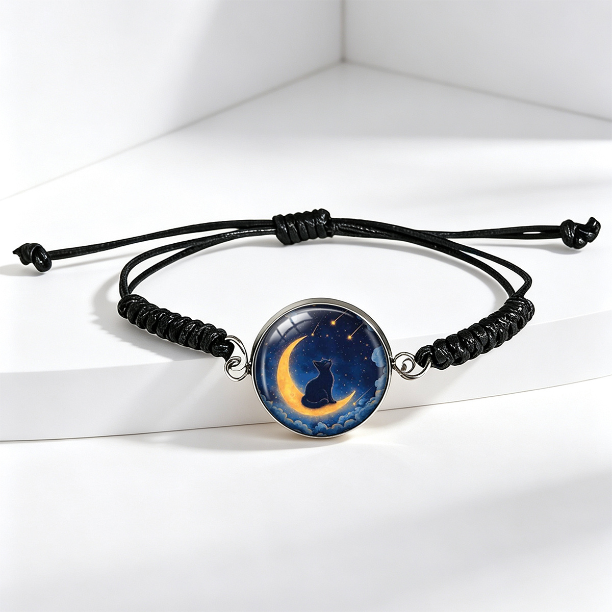 Unisex Night Sky Crescent Meteor Black Cat Woven Bracelet