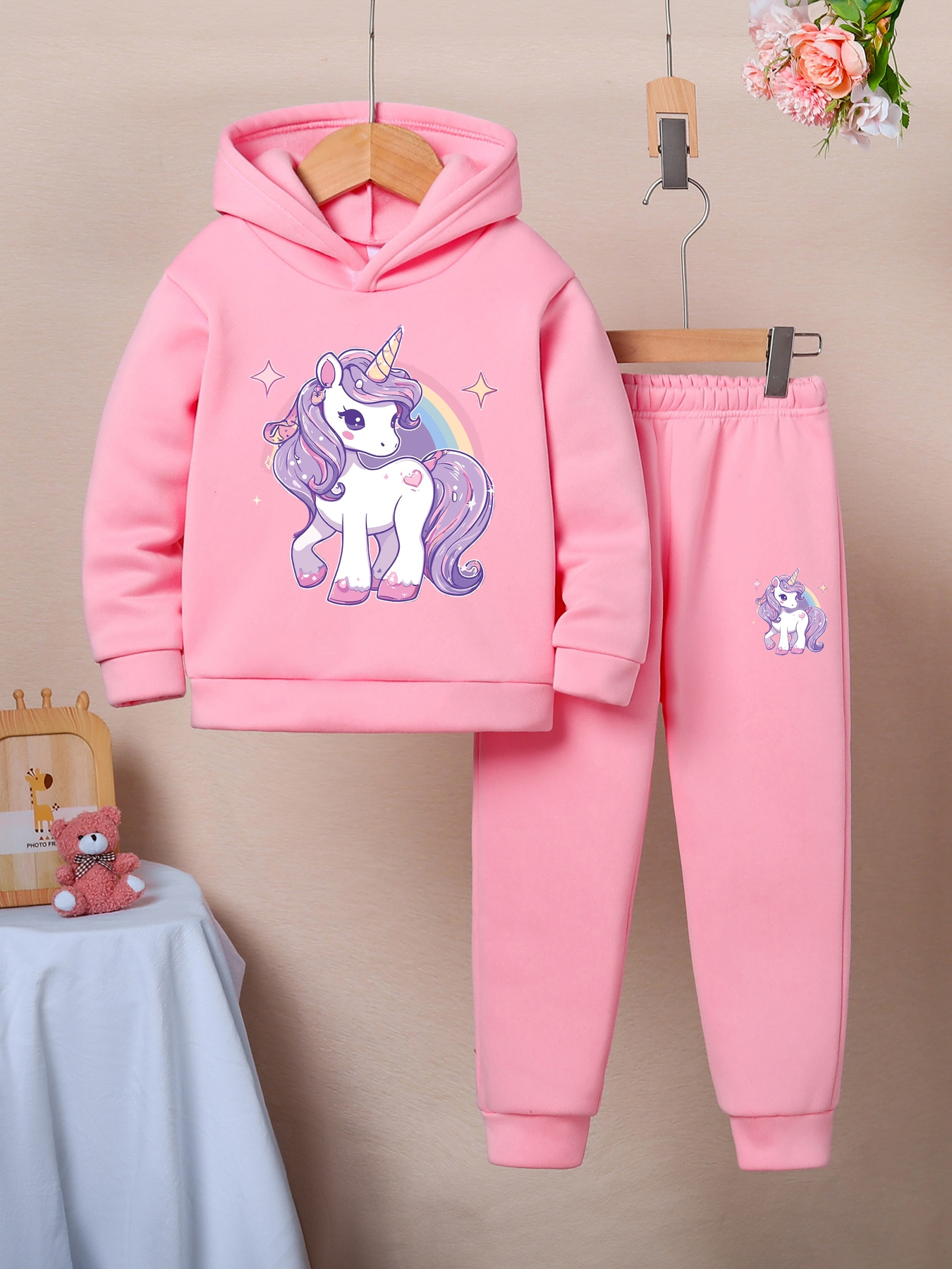 Girls' Unicorn Pattern Long-Sleeve Hoodie and Pants Set