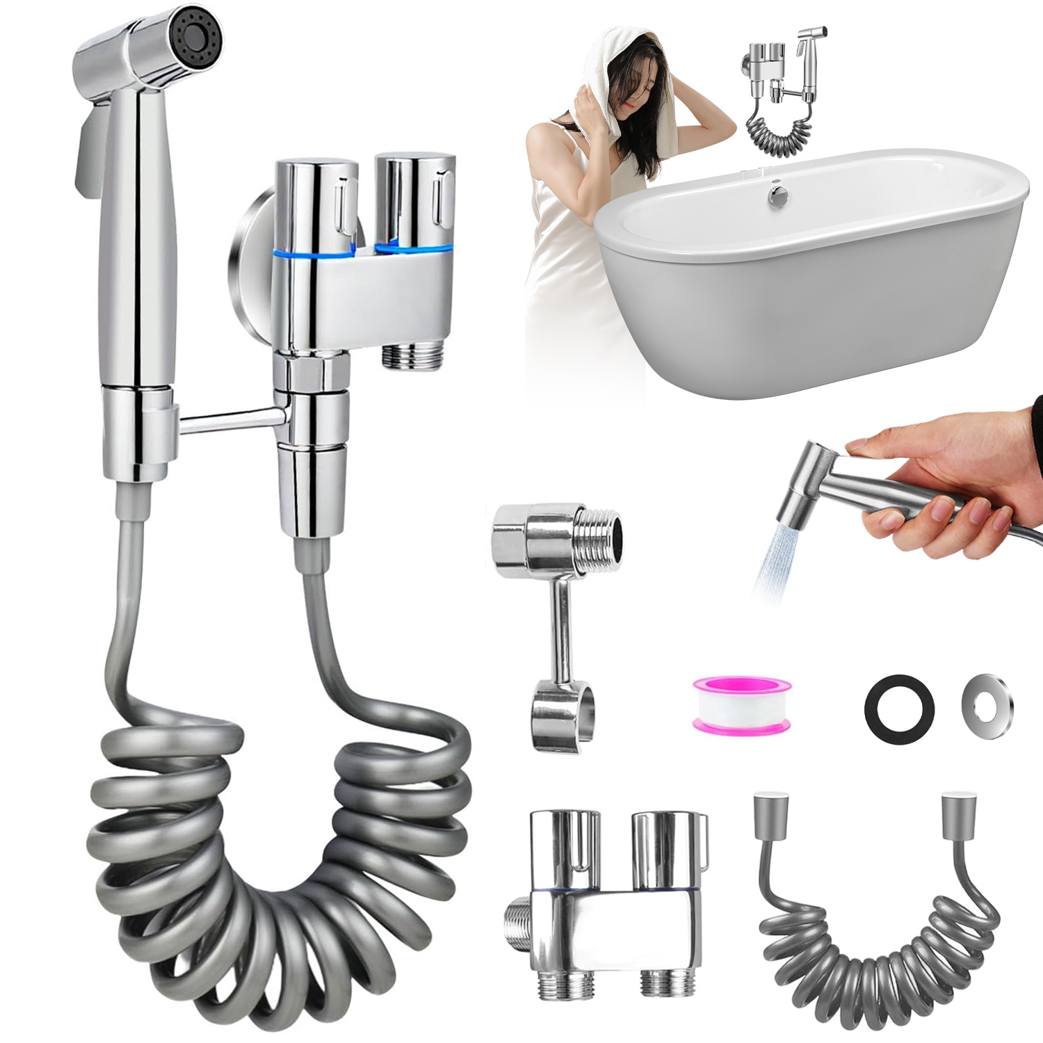 Wall-mounted Bathroom Faucet Spray Set, Toilet Companion, Hand Bidet Sprayer For Toilet, 1-in-2 Valve, Wc Bidet Sprayer Set