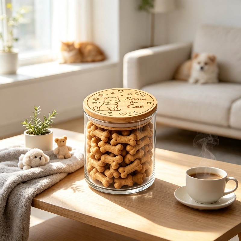 Custom Laser Engraved Glass Pet Treat Jar with Bamboo Airtight Lid