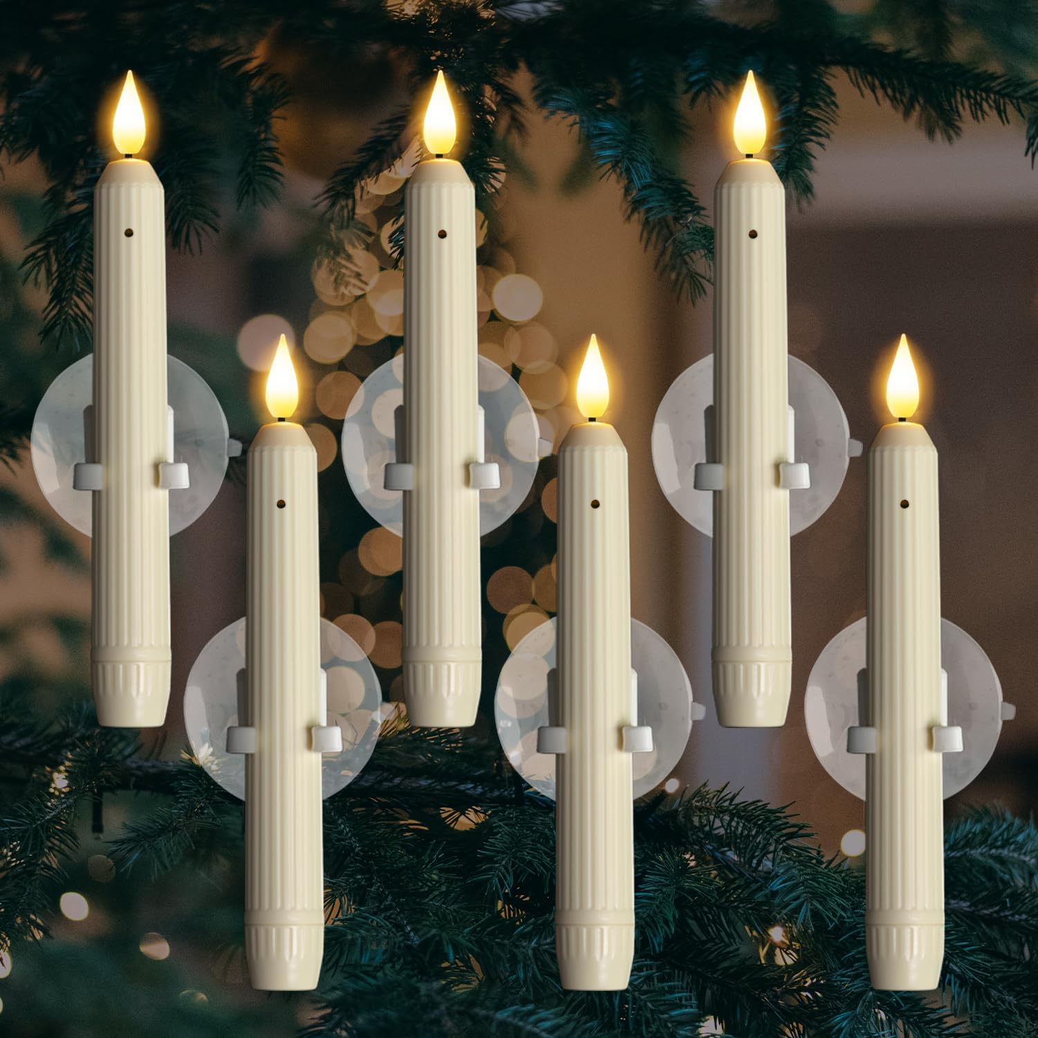 TEMU 6 Dusk-to-dawn Window Candles With Suction Cup Ivory Striped Candle Holders, Roman Column Christmas Window Candles, Battery-operated, Flameless