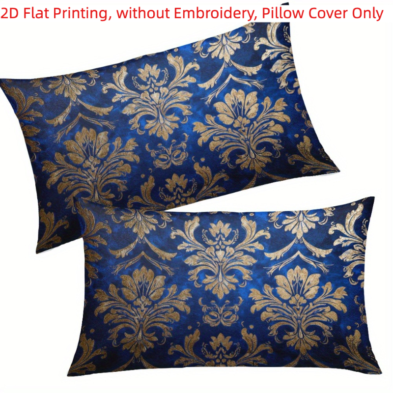 TEMU 2d Flat Printing, 2pcs, Royal Blue Damask Pattern With Cover Single-sided Printing, Without Embroidery, Pillow Inserts Not Included