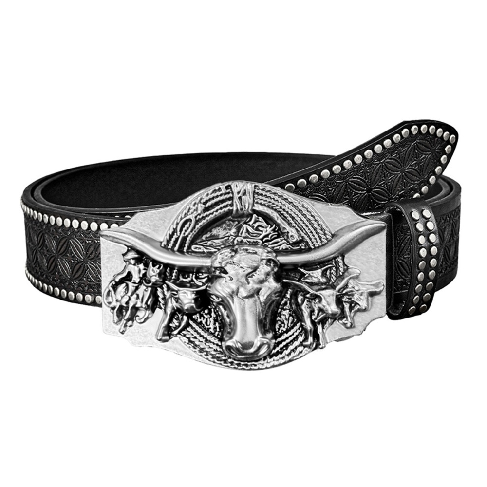 Vintage Western Style 3d Longhorn Denim Belt, Rivet Embossed Pu Men's Belt