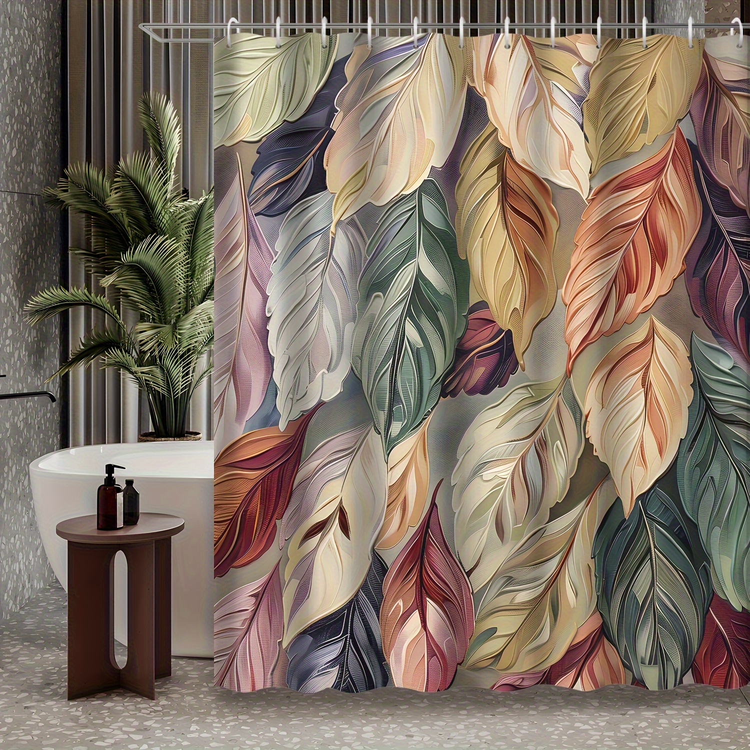 TEMU 1pc Leaf Pattern Shower Curtain, , High-end Elegant Vintage Design, No Drilling Required, Extra Wide Circular Partition Bathroom Curtain