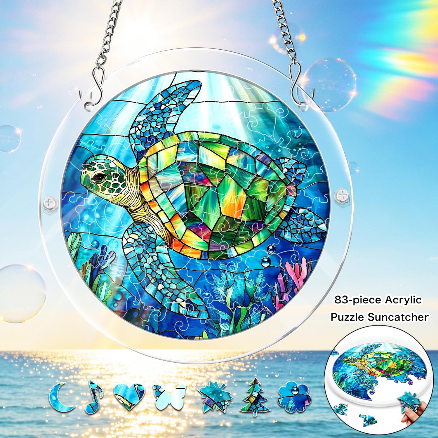 item picture 1set colorful   turtle   acrylic puzzle suncatcher 83pcs 7 4 inch stained style underwater ocean puzzle suncatcher window hanging ornament for beach and kitchen summer sunlight catcher for home and office and farmhouse warm   gift