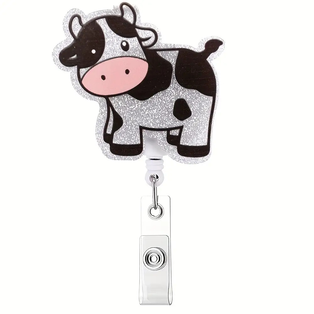TEMU 2d 2d Flat Acrylic Cute Cow Id Badge Holder With Id Clip And Badge Reel - Suitable For Nurses, Doctors, Office Staff, Cute Black And Print Name