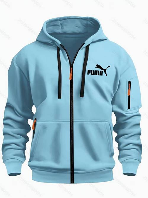 chaqueta con capucha deportiva para hombre, estampado en el pecho, larga, múltiples bolsillos y cremallera, casual y abrigada para exteriores