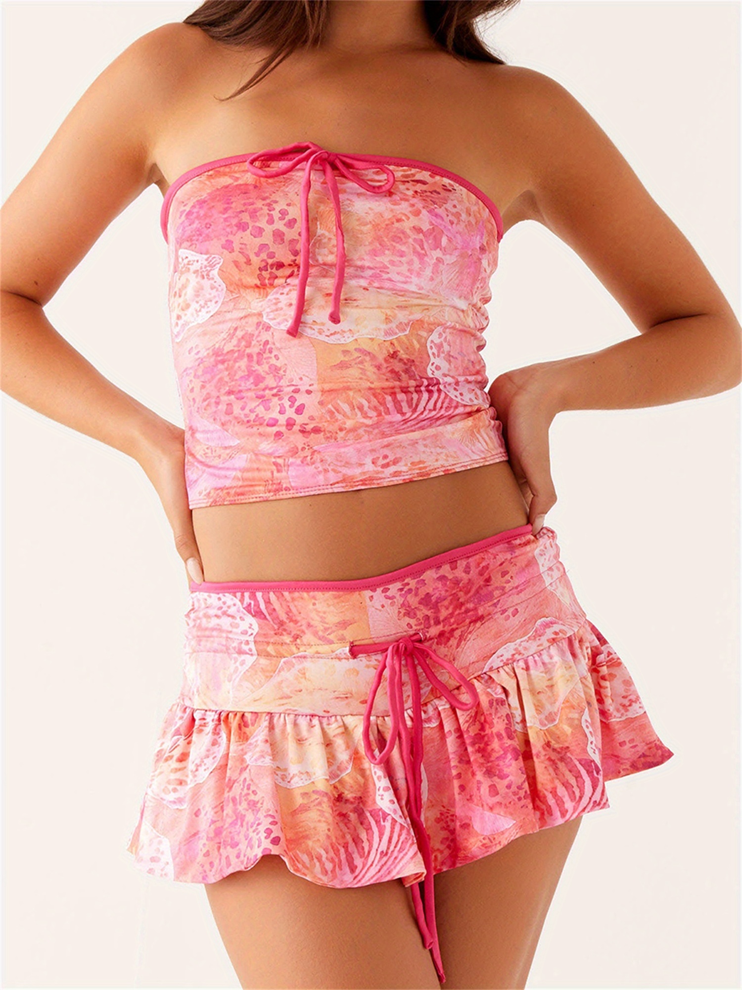 Women's 2 Piece Outfit Summer Y2K Set - Lace Trim Crop Top & Pleated Bubble Mini Skort