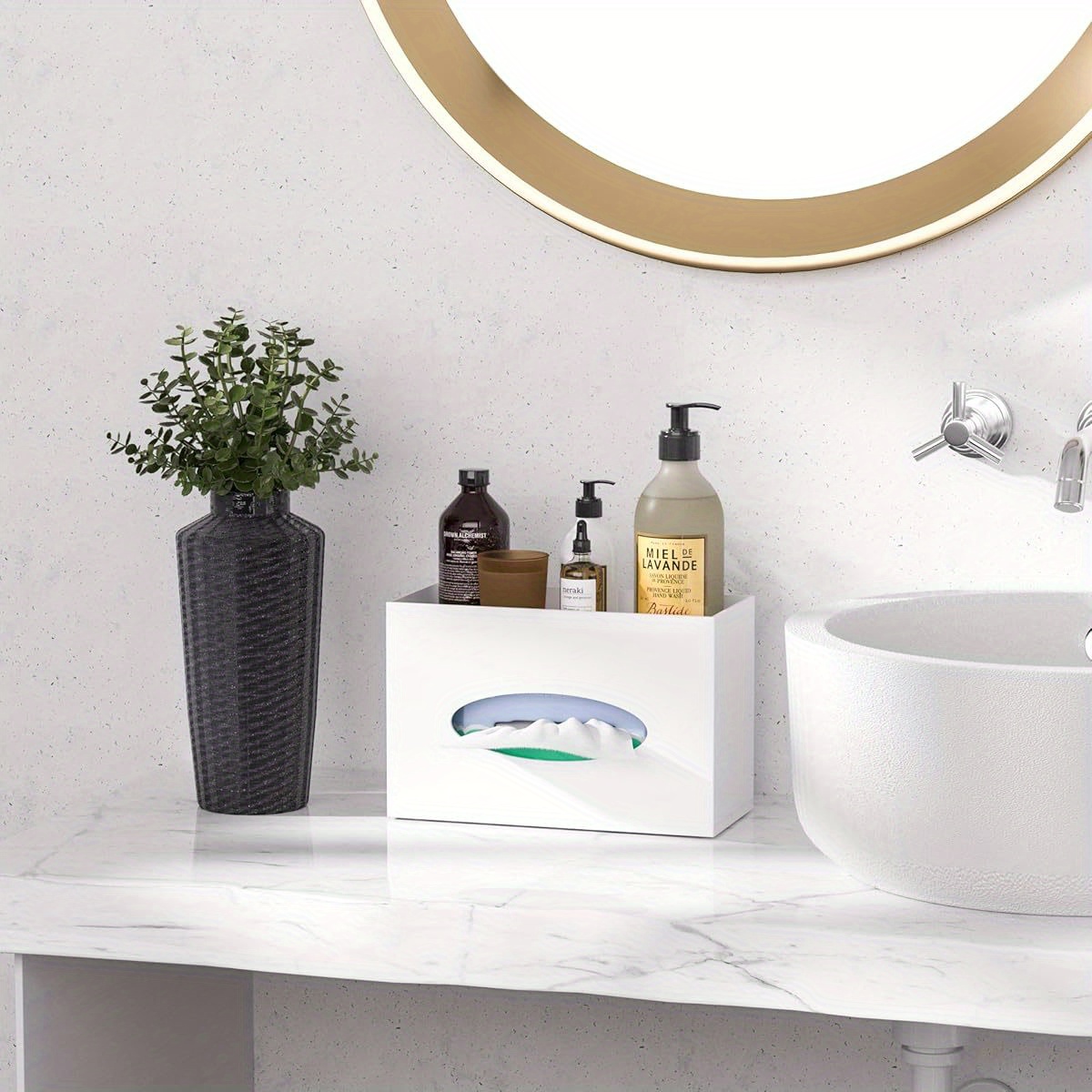 modern minimalist tissue box cover and dispenser with built in storage tray space saving organizer durable plastic construction for bathroom kitchen home office fits standard tissues 9 85x4 5x6 3 inches decorative countertop or under cabinet storage solution kitchen organizer   versatile organizer Product details 1