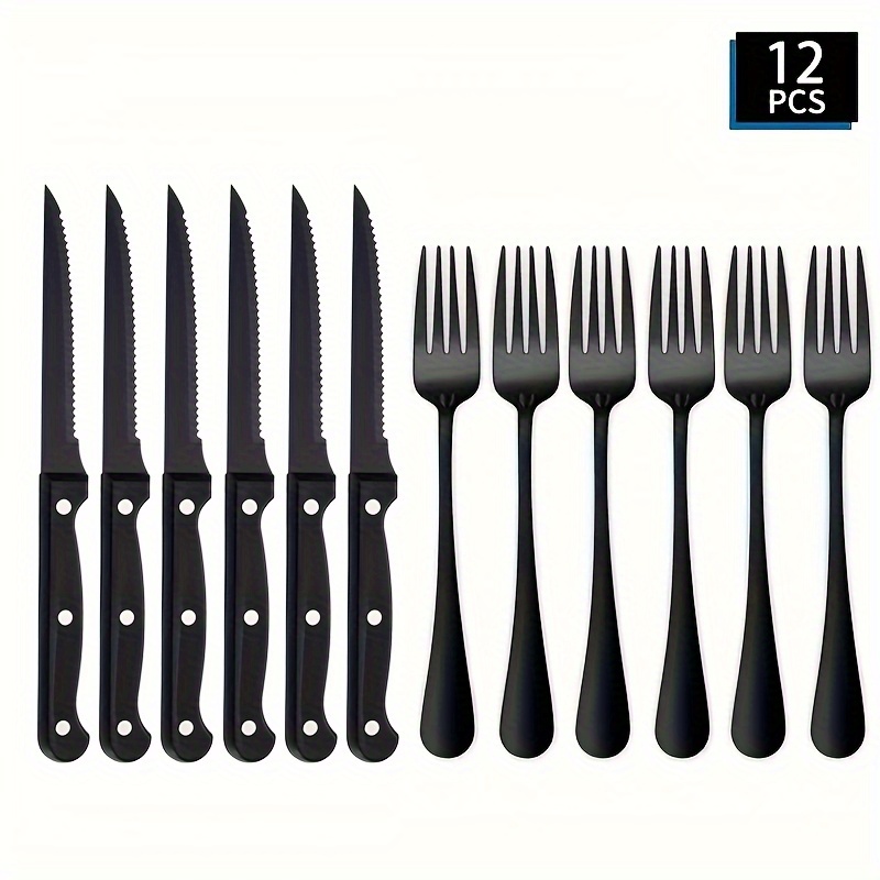 12pcs stainless steel knife and fork cutlery set   steak knife and fork dining table colorful pizza knife multi purpose serrated bread knife bbq camping steak knife and fork Product details 0