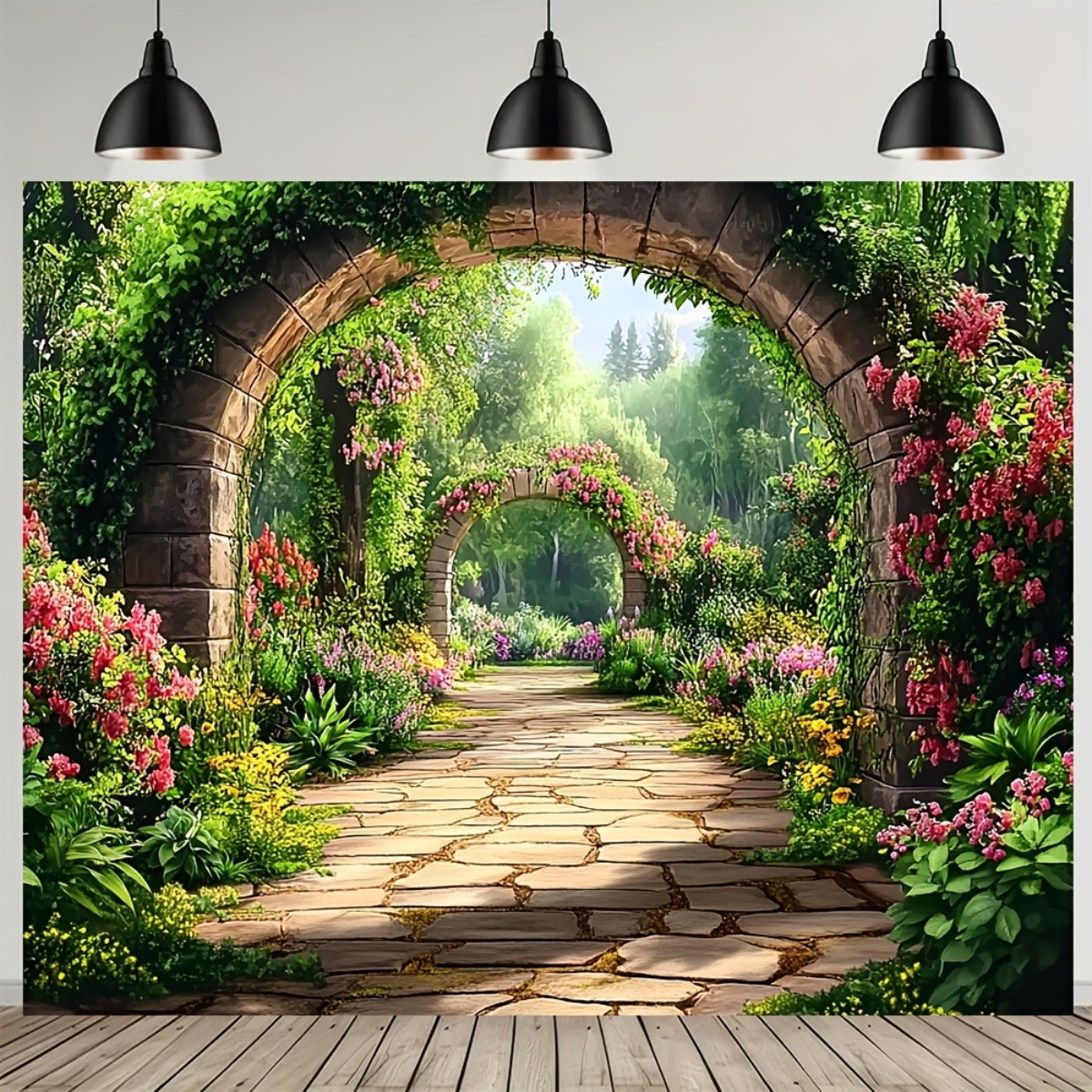 TEMU 2d Flat, 1pc Realistic & Floral Arch Backdrop With Stone Pathway - Vibrant Pink, Yellow, Red, White, Purple Flowers On Cobblestone-like Ground -