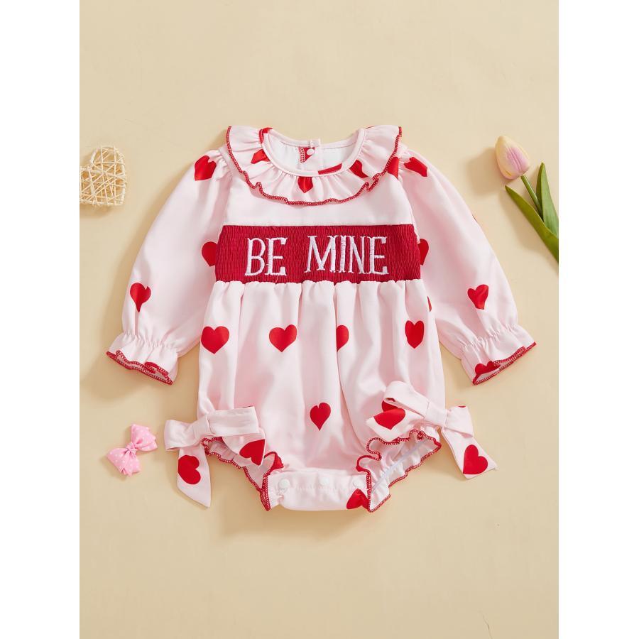 

Girl Valentines Day Jumpsuit Long Sleeve Doll Collar Heart Print Bow Romper Spring Outfit, For Outdoor