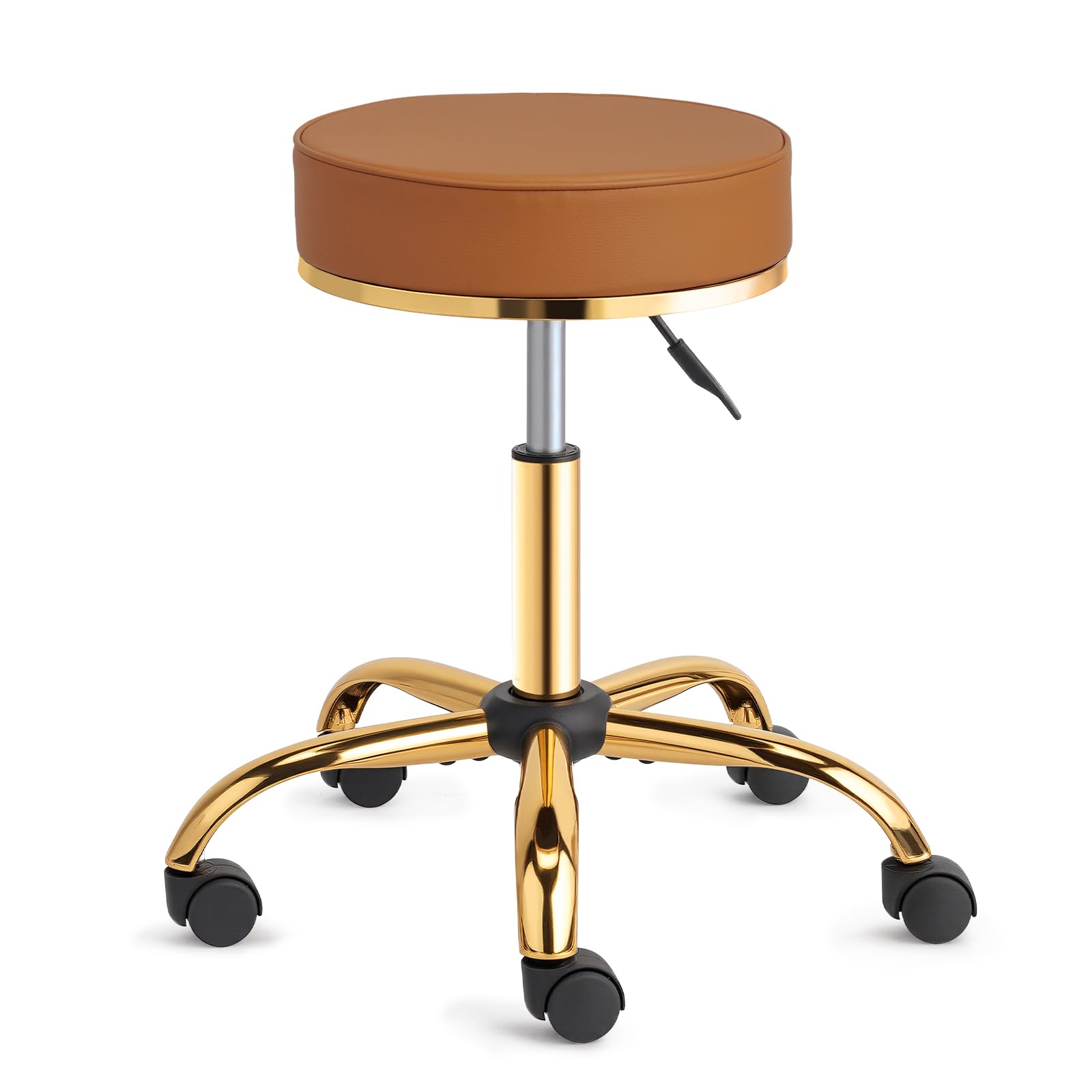 Image of Height Adjustable Rolling Stool 48-63cm, Chair With Wheels, 150kg Load Capacity, Semi-pu Leather Work Stool For Salon/office/bar (brown-golden, 36x36x63cm)