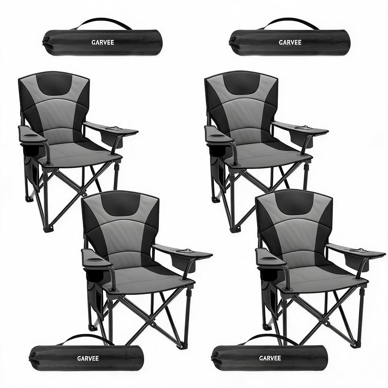 Image of 4 Pack Padded Folding Single Camping Chairs Black And Grey Seat Back With Cup Holder Cooler Bag Side Storage Pocket For Outdoor Picnic Fishing Travel Use