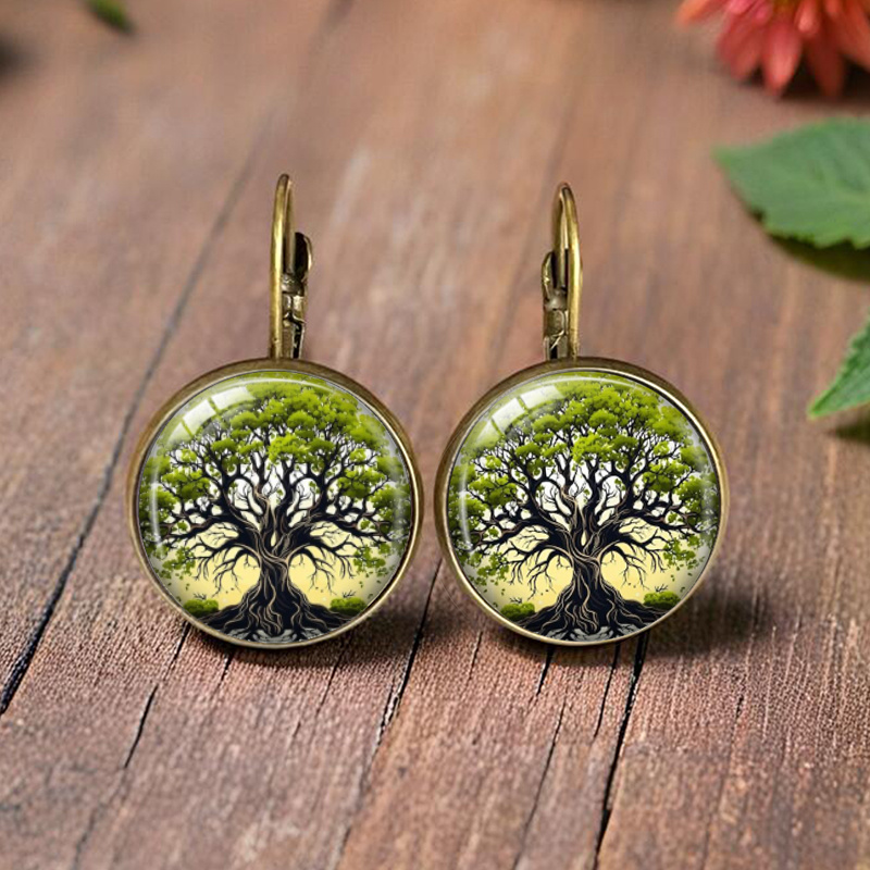 TEMU Boucles d'oreilles rondes en verre illustrées de style "Forest Vein Root", bijoux de mode, cadeau, pile