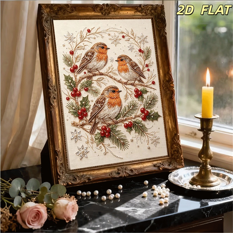TEMU New 2dflat Pearl Painting Christmas Robin & Holly Winter A Frameless Diy Hand-stitched Rhinestone Canvas Art Piece, 30x40cm Craft Item, Suitable