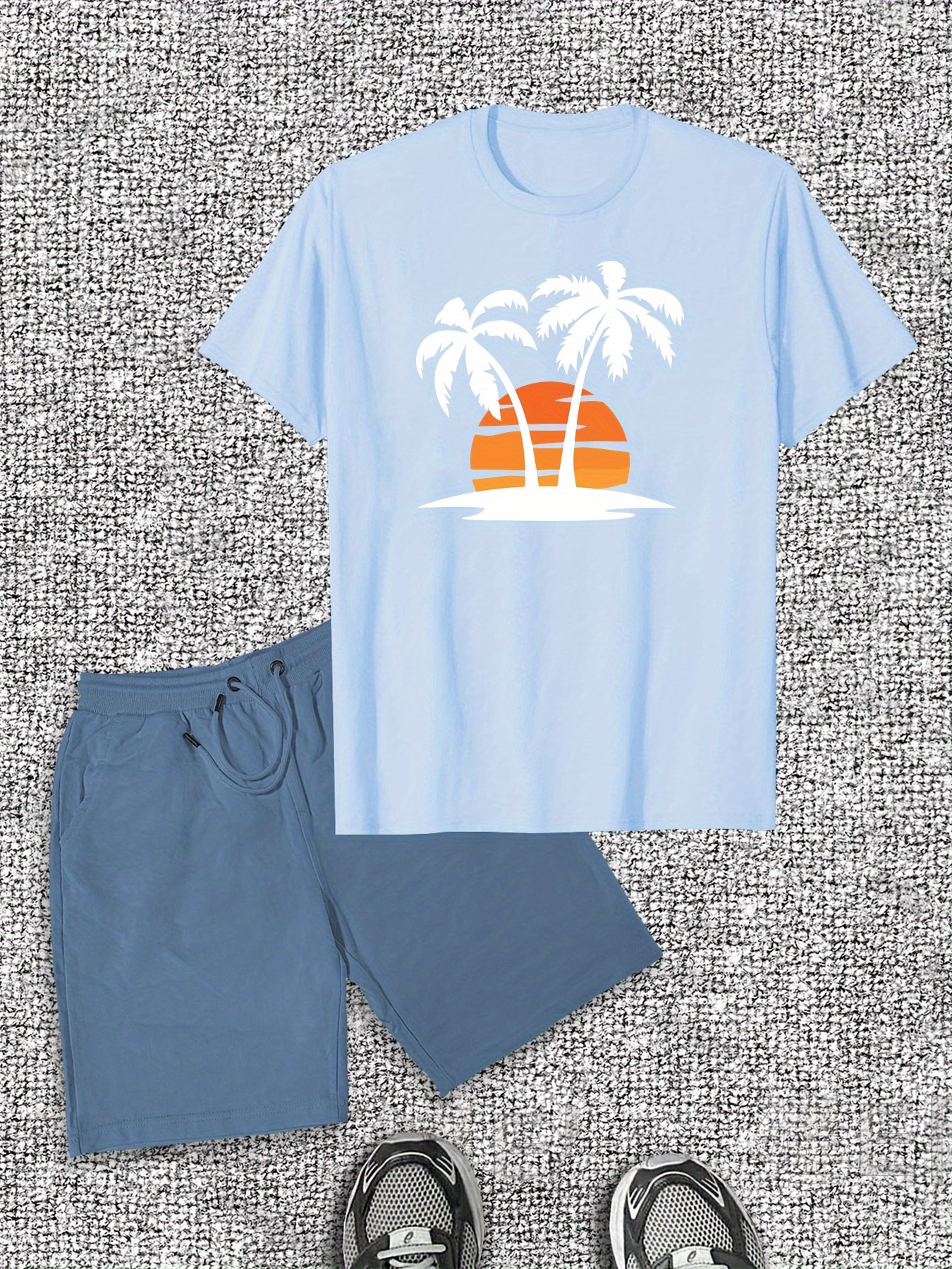 Men'S Casual Summer Shorts and T-Shirt Set, Cotton Crew Neck with Tropical Palm Tree Print, Regular Fit, Slight Stretch Fabric - Ideal for Beach or Vacatio