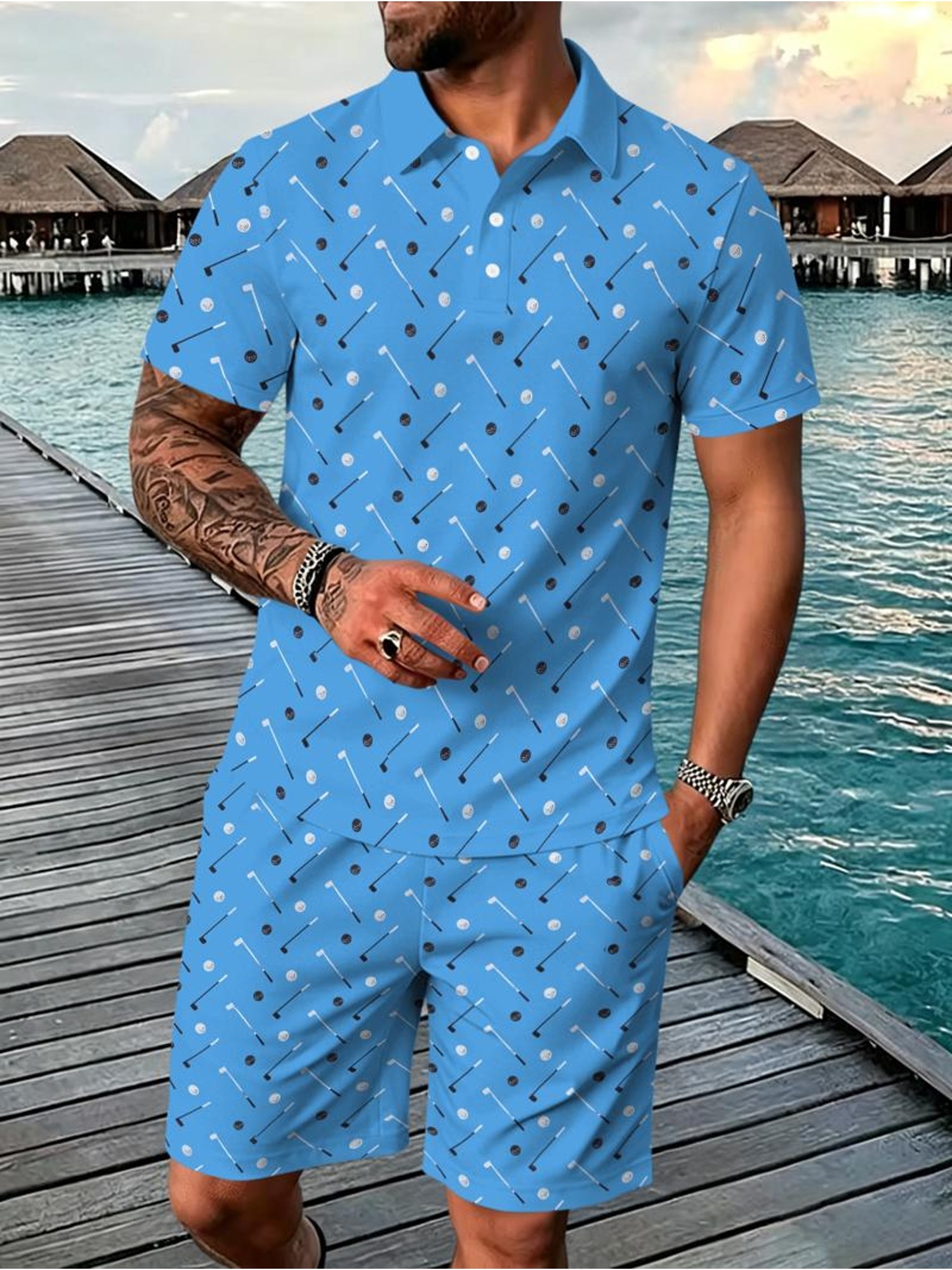 Conjunto Desportivo Casual Masculino, Polo Azul Claro e Calções 