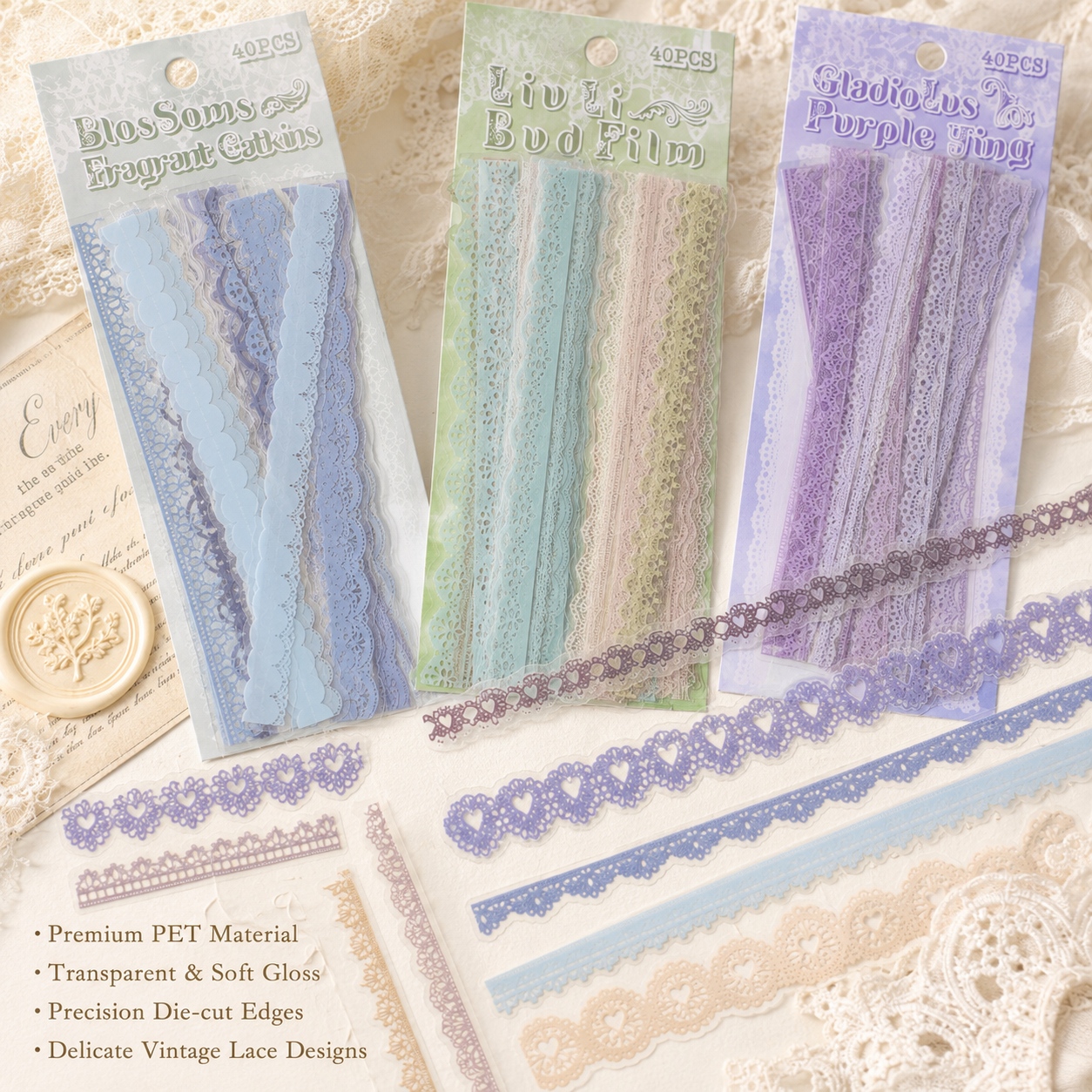 40pcs PET Transparent Lace Border Stickers for Scrapbooking