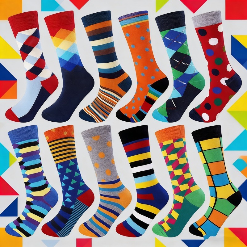 TEMU 12-pair Men's Sock Assortment, Colorful Geometric Patterns, Fashionable And Trendy, Great For Daily Wear, Stylish And Comfortable, Unisex Socks,