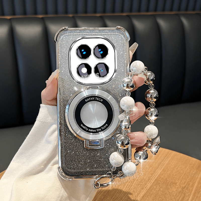 TEMU Phone Case: Note14pro Ring Folding Stand Holder With Plating Bead Lanyard Chain And Luxury Glitter Shockproof Protection Case For Xiaomi Redmi