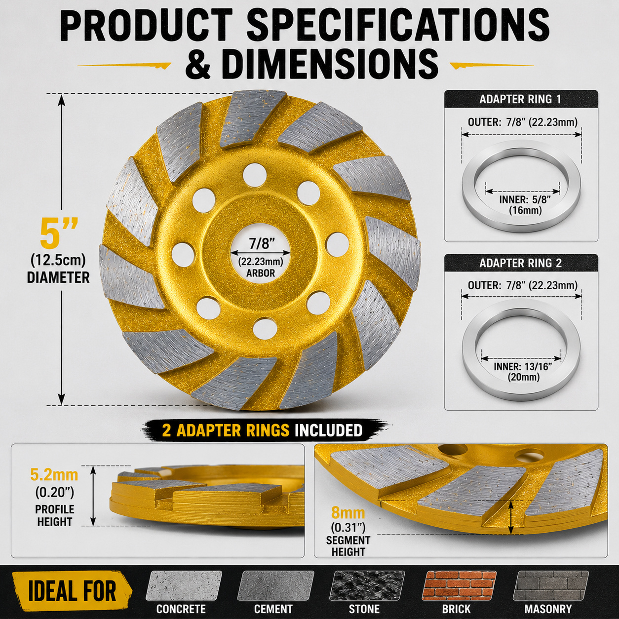 TEMU 3pcs Large Diamond Cup Wheel Set, 5 Inch (125mm) Concrete Grinding Disc With 2 Adapter Rings (22. 23mm To 16mm And 20mm), Diamond Grinding Wheel