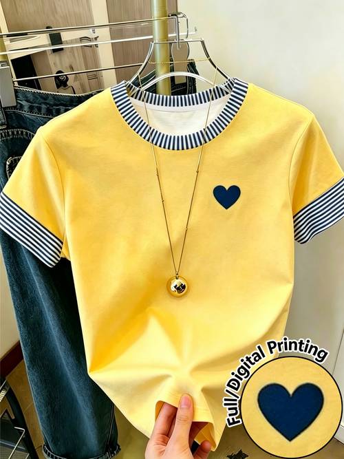 item picture new summer womens t shirt round neck casual apparel womens pullover casual commuter outing base layer simple small heart pattern print and streetwear outing outfit basic versatile piece as a gift