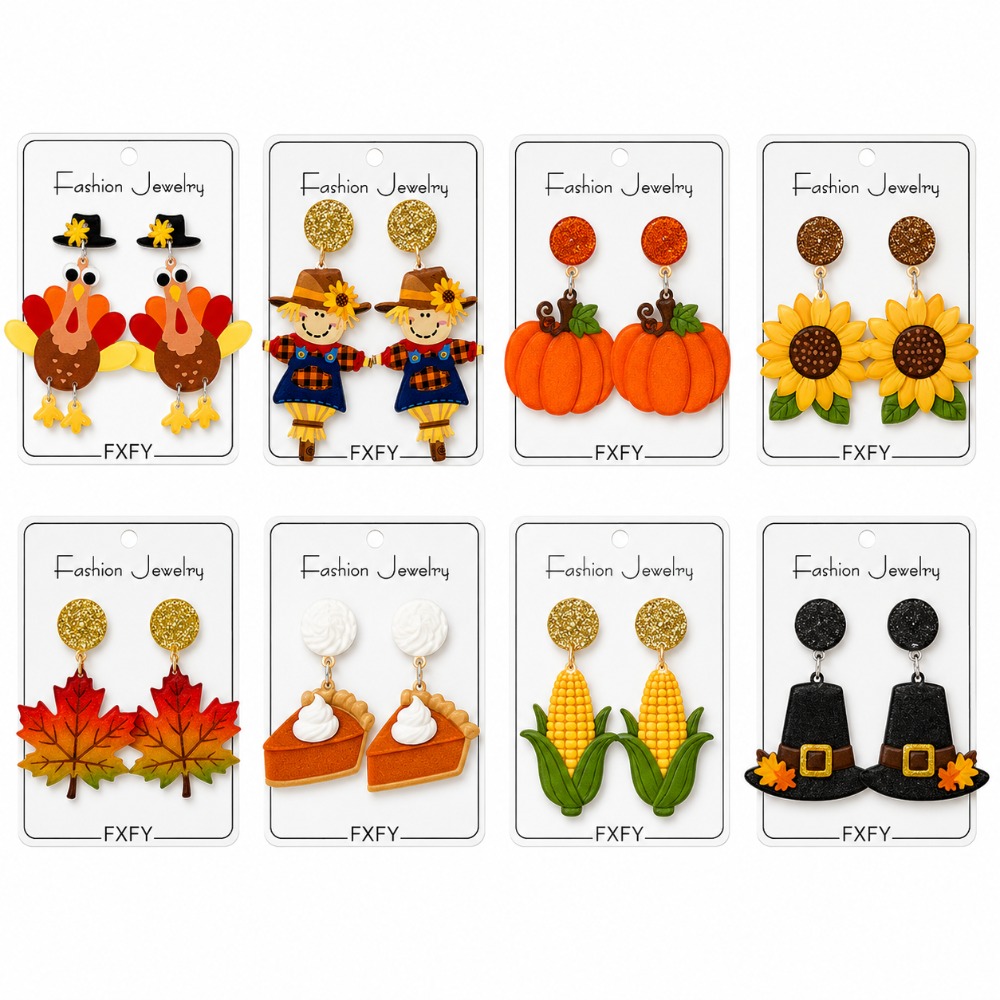 TEMU 16pcs/8 Pairs Women's Thanksgiving Earrings Set, Featuring Cute Scarecrows, Pumpkins, Turkey And Corn Charms, Trendy Additions For Parties, ,