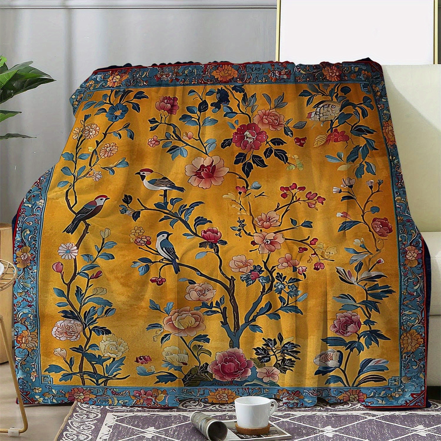 1pc vintage floral and bird print flannel blanket soft cozy   throw for sofa bed car office camping and   yellow background with detailed botanical design   blanket botanical print throw polyester rug