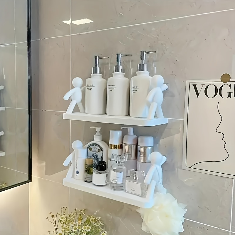 TEMU 2pcs Modern Layered Plastic Wall-mounted Shelves, No Drilling, Featuring Sculptures, Multi-tier Storage Rack For Bathroom, Kitchen, Or Bathroom