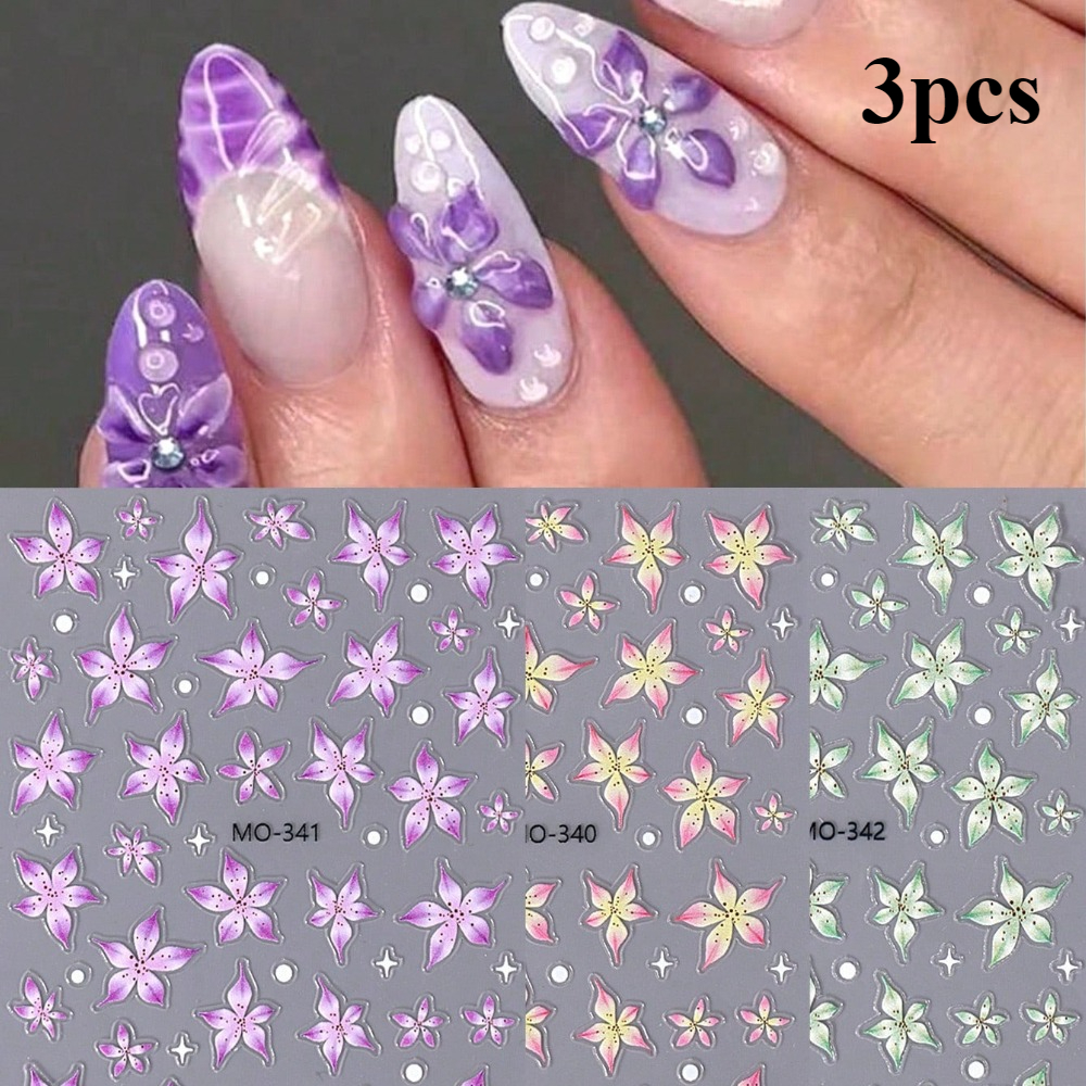 3pcs Hibiscus Flower Nail Stickers, Gradient Purple, Pink, And Green Floral Patterns, Self-adhesive Nail Decals, Diy Spring/summer Nail Salon Accessories And Decorations.