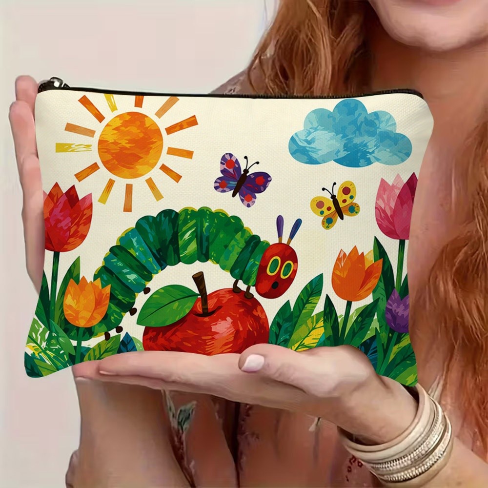 TEMU 1pc 2d Flat Printed Cartoon Nature Cosmetic Bag - Whimsical For Caterpillar On Red With Vibrant Flowers, & Butterflies Pattern, Zipper Closure,
