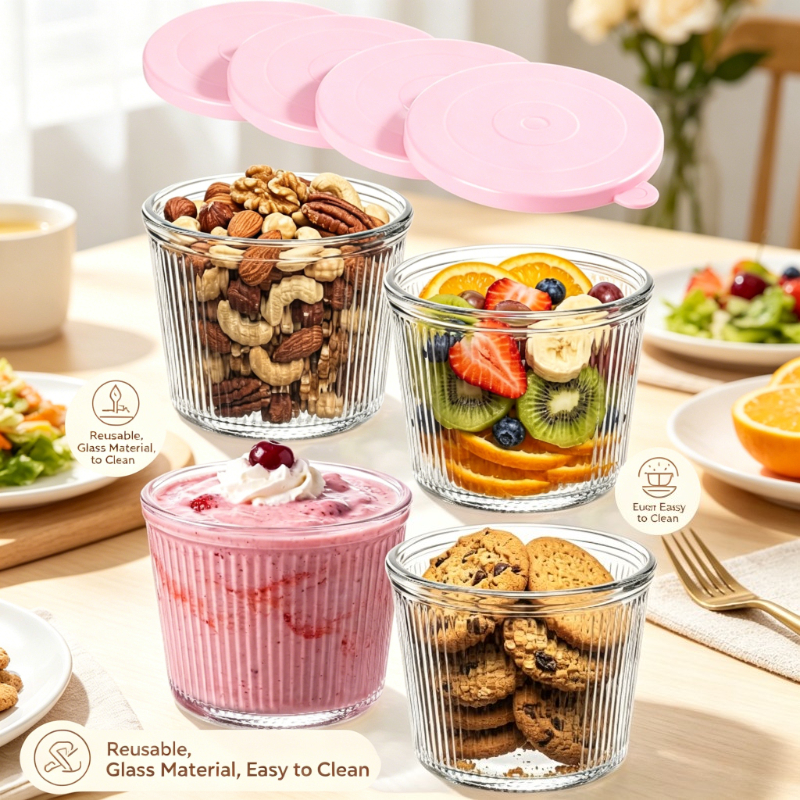 TEMU Small Glass Bowl With Lid, 6.8 Oz. Clear Ribbed Glass Container, Stackable, Suitable For Desserts, Puddings, Sauces, Dips, Nuts, Oats, Candy,
