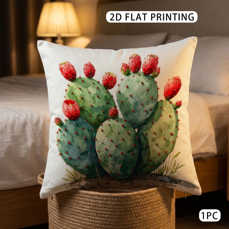 TEMU 1pc Printed Prickly Pear Cactus Desert Charm Pattern 18 X 18 Inch(45 X 45cm) Pillowcase Polyester Double-sided Durable Washable Fade Resistant