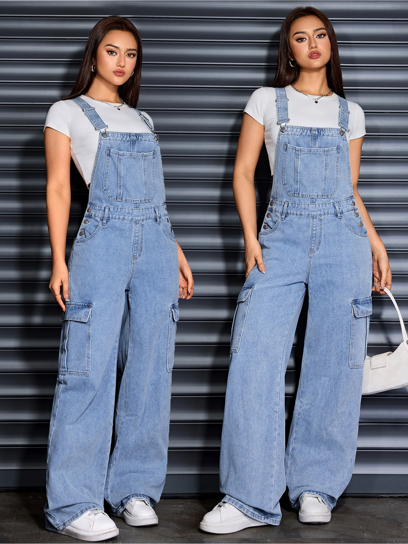 womens denim wide leg cargo overalls loose design loose design adjustable shoulder strap