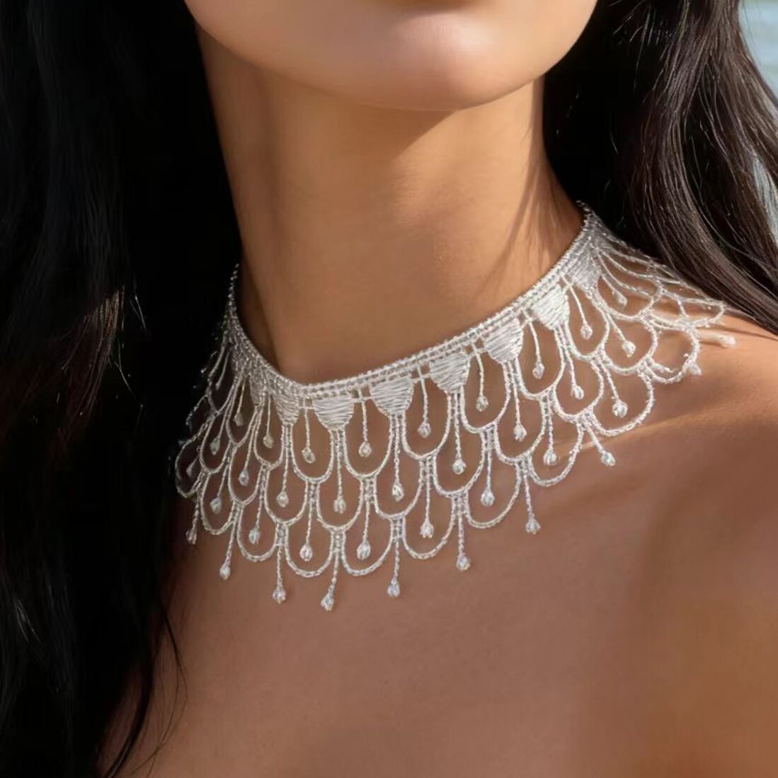 TEMU Fashionable And Elegant White Hollow Lace Droplet Shaped Tassel Women's Neck Necklace Suitable For Wedding Additions, Party Outfits, And Ideal