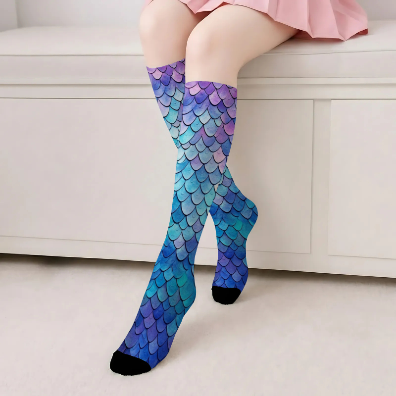 TEMU 1pair Women's Ankle Socks Blue- Scale Texture Mermaid Pattern Sexy Thin Versatile Summer Ankle Socks Jk Ankle Socks High Tube Fairy Socks Long