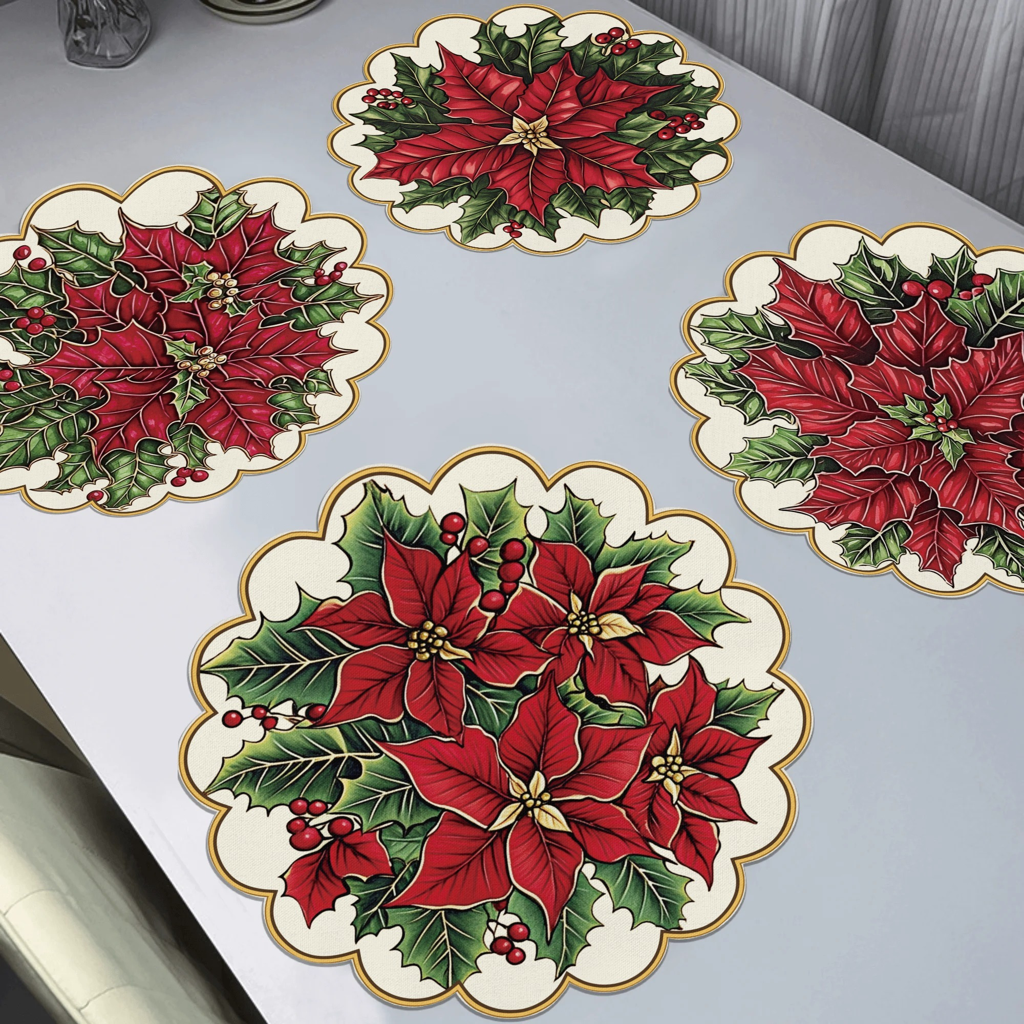 

4-pack Poinsettia & Holly Round Placemats, Non-slip Knit Fabric, Heat Resistant, Washable, Polyester Table Mats, With 15" For Dining & Party Decor