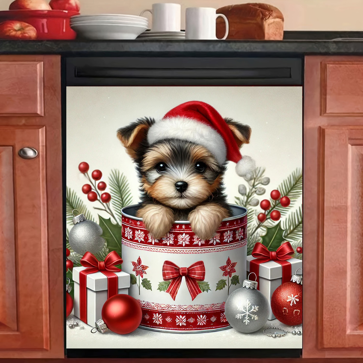 

Christmas Dog Dishwasher Magnet Cover - Waterproof & Vinyl Decal, Easy- Sticker For Refrigerator Door - No Power Needed, Kitchen Decor, 1pc