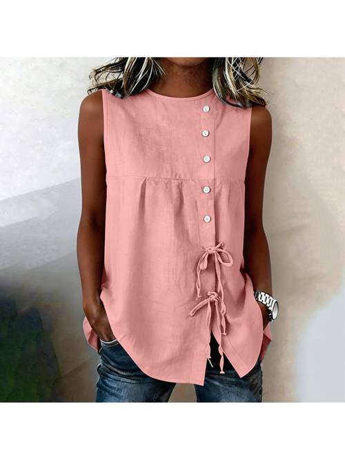 womens sleeveless tank tops casual drawstring knot decorative sleeveless button neck casual tunic top with drawstring